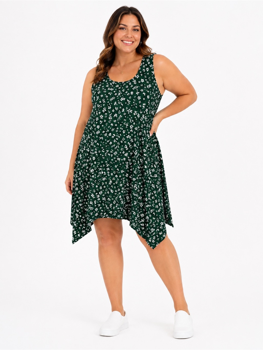 Hotouch Green Floral Sleeveless Handkerchief Hem Dress XL NWT